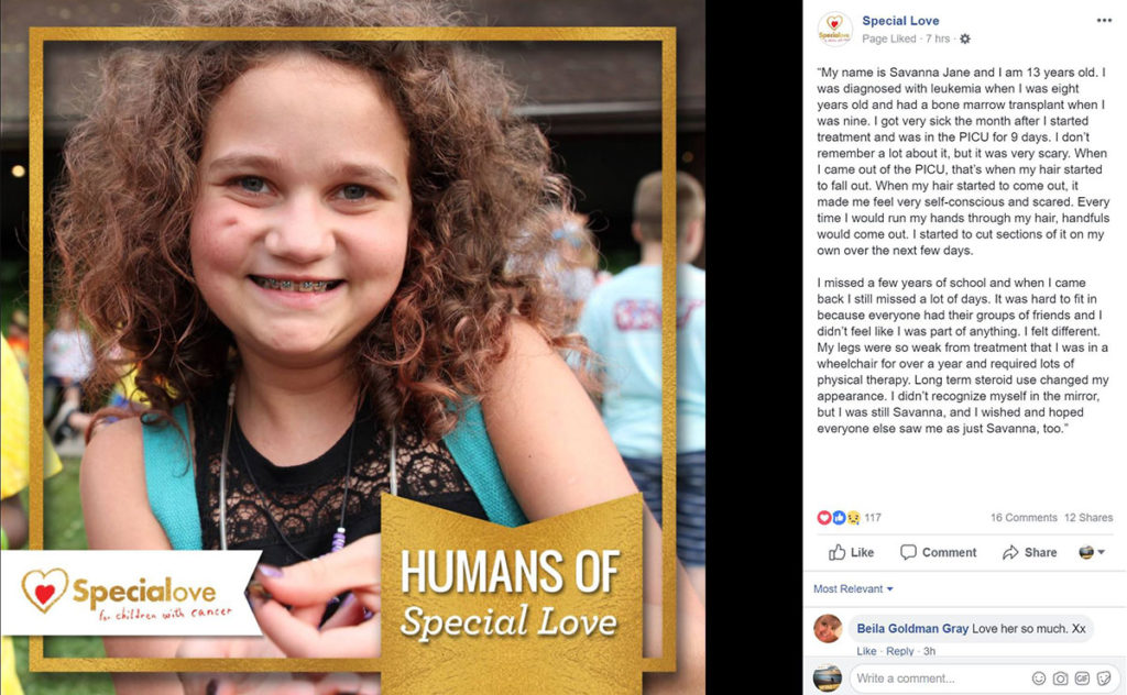 Savannah Jane's story from Special Love's Facebook, telling how childhood cancer impacted and forever changed her childhood.